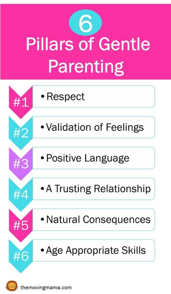 6 pillars of gentle parenting, Respect, validating feelings, positive language, a trusting relationship, natural consequences, age appropriate skills