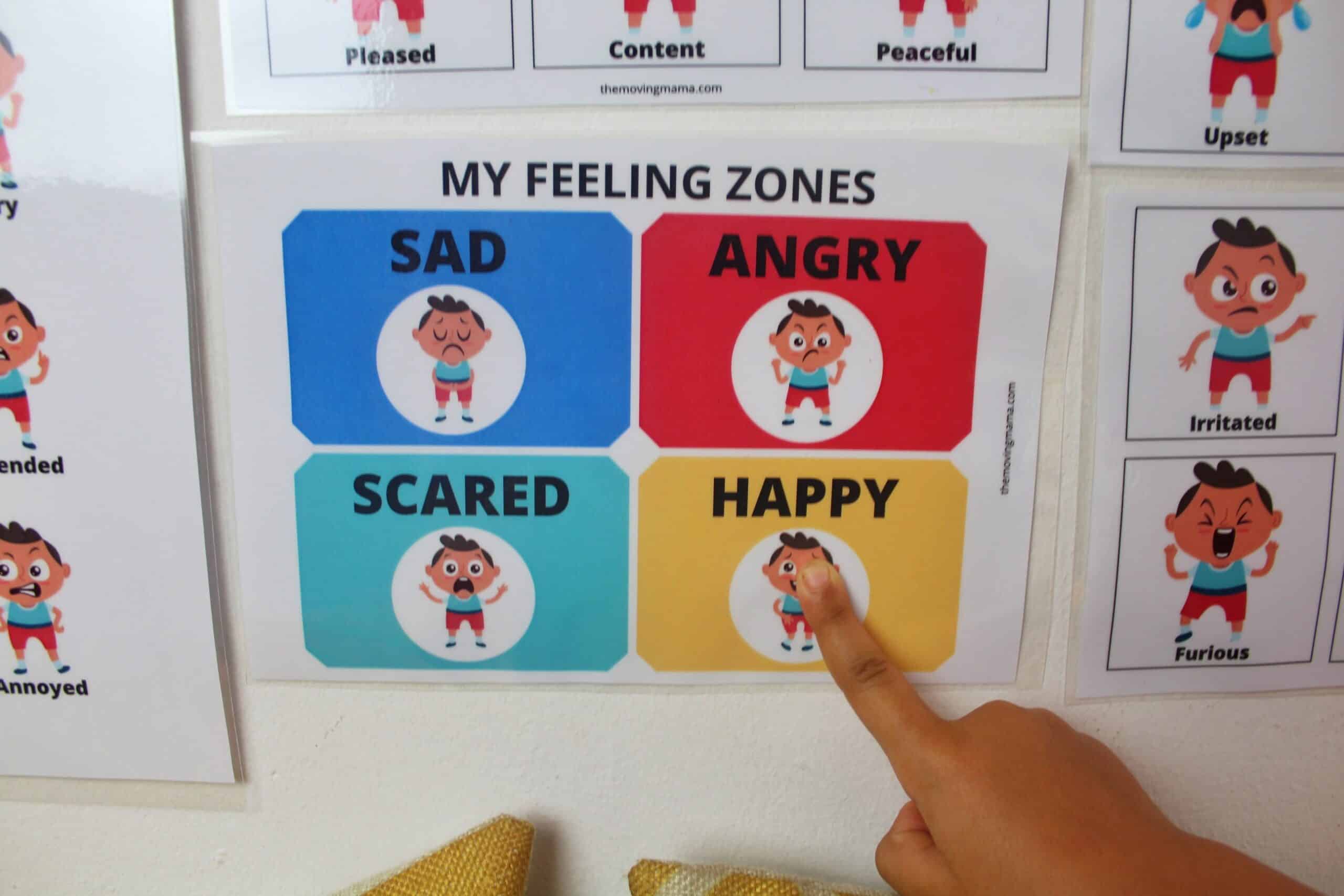 Sample of The Calm Down Corner Kit materials with child's finger pointing at "happy"