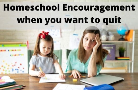 Text on stock photo of mom and child that reads "Homeschool encouragement when you want to quit"