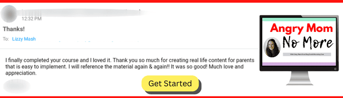 Review screenshot for the course "Angry Mom No More" with a button that says "Get Started"