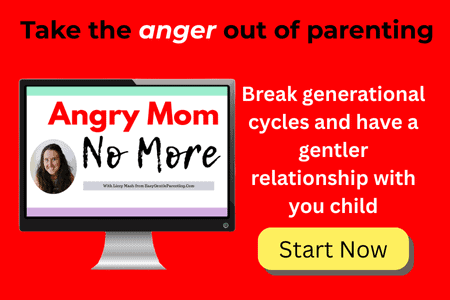 Text reads "Take the anger out of parenting. Break generational cycles and have a gentler relationship with you child" with a computer screen that says "Angry Mom No More" and also a yellow button that says "Start Now"
