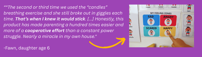 Review of The Calm Down Corner Kit with a photo of the feelings zone and a child's hand pointing to "Happy"