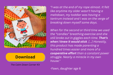 Review of The Calm Down Corner with a yellow button that says "Download" and a photo of a feeling card in a child's hand