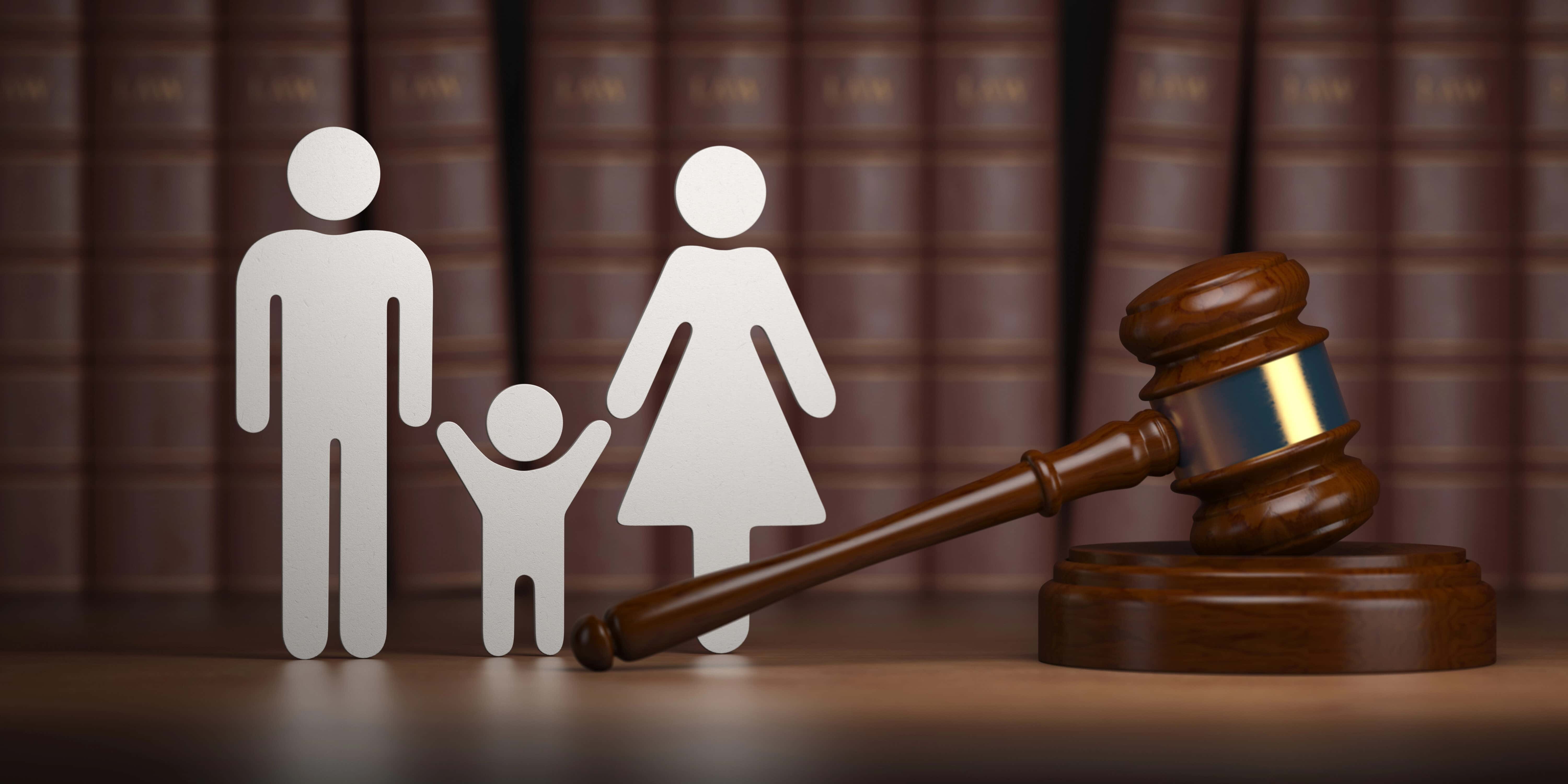 stick family holding hands and a court gavel