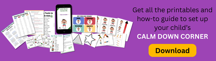 Text reads "Get all the printables and how-to guide to set up your child’s CALM DOWN CORNER" with a button that says "Download" and samples of the downloads for The Calm Down Corner Kit