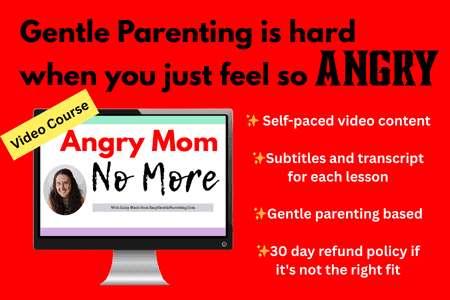 Text reads "Gentle Parenting is hard when you just feel so ANGRY. Self-paced video content. Subtitles and transcript for each lesson. Gentle parenting based. 30 day refund policy if it's not the right fit." with computer screen the says "Angry Mom No More" and a label that says "Video Course"